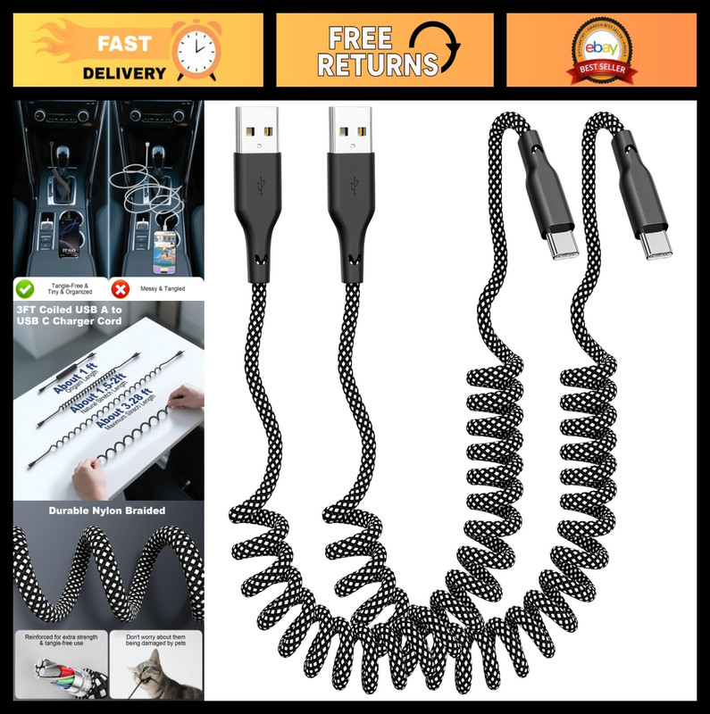 Fast Charging Coiled Car Charger & 2-Pack 3ft Retractable USB A to C Cable - Gre