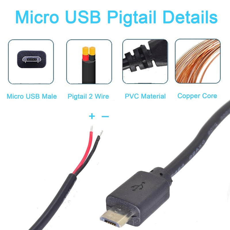 22AWG Micro USB Pigtail 2 Wire Power Cable 1M 5V 3A 2 Pin Bare Wire DIY Cord gallery