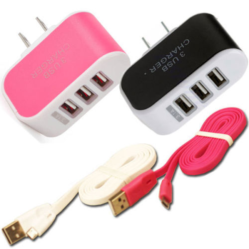 Triple USB Charging Charger w/ Cable For Samsung other cell mobile phone