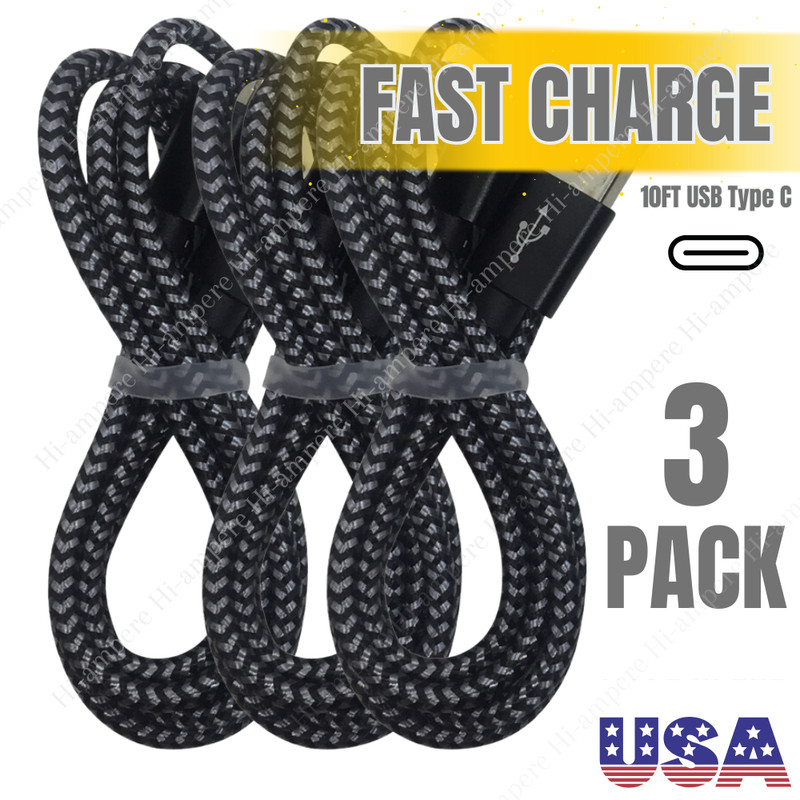 3PACK Lot 10ft USB C Fast Charger Cable For Samsung Android Type C Charging Cord