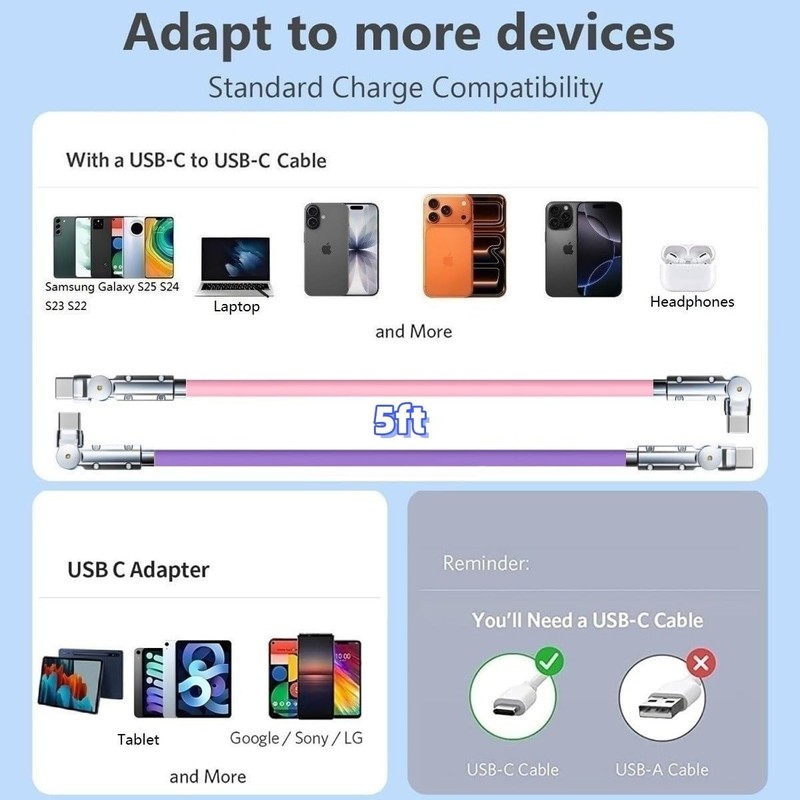 USB-C to USB-C Cable 2 Pack 5ft 180°Rotating Charger Cord Type C Chubby Silic... gallery