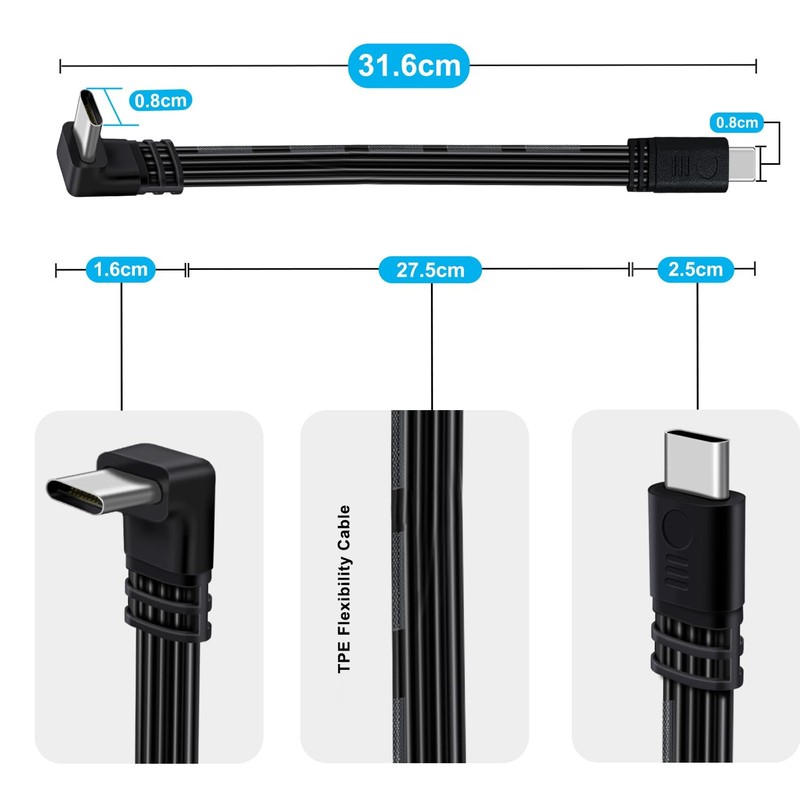 1 PC Flat 90 Degree USB C Charger Cable Up Down Bend 100W 480Mbps Data 30cm gallery