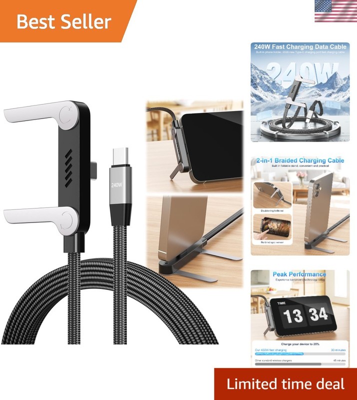 240W Braided Fast Charging USB-C Cable with 2-in-1 Stand – 4.92ft Durability