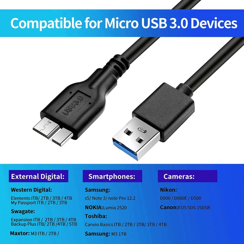 Micro USB 3.0 Cable USB A To Micro B Cord External Hard Drive 5Gbps 3 FT gallery