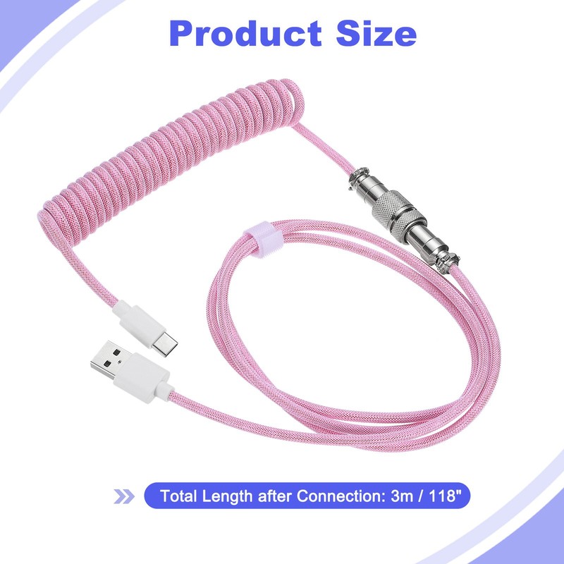 3 m Coiled Keyboard Cable Type-C to USB-A for Gaming Keyboard, Pink gallery