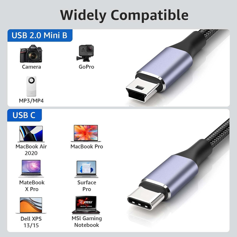 USB C to Mini Cable1Ft, [Aluminum Shell, Braided] Durable Mini-B 1FT gallery
