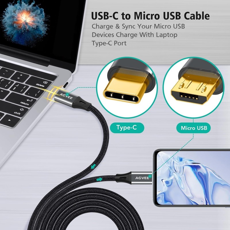 2-Pack 6.6ft USB-C to Micro USB Cables with Gold Plated Tips & Fast Sync gallery