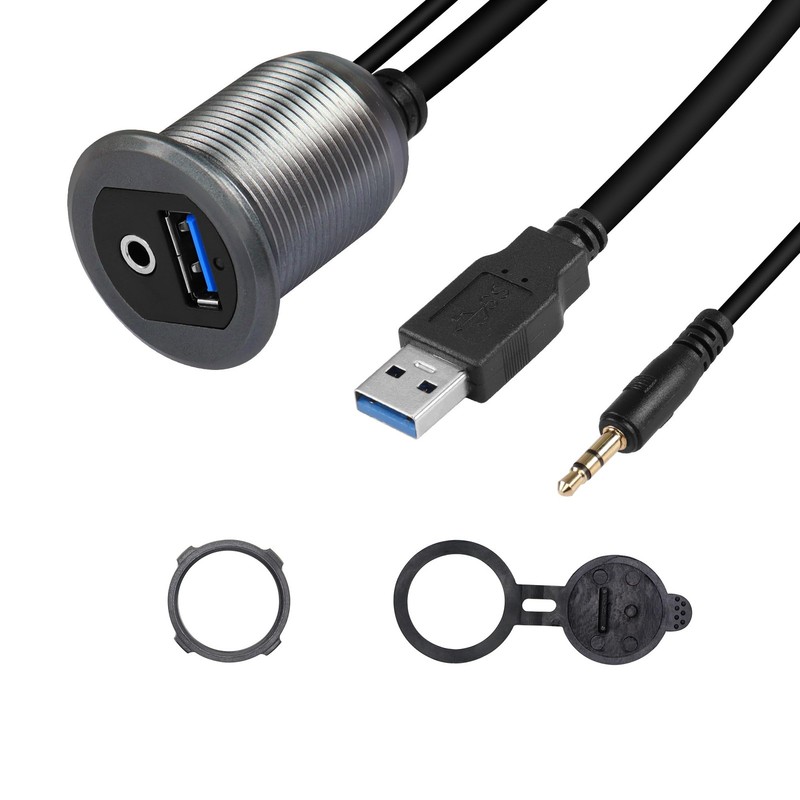 USB 3.0 & 3.5mm Car Mount Flush Cable 3.3FT USB 3.0 Flush Mount Cable AUX Ext...