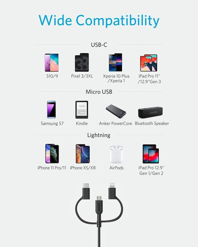 Anker 3-in-1 Charger Cable USB to Lightning/Type C/Micro MFi-Certified for Phone gallery