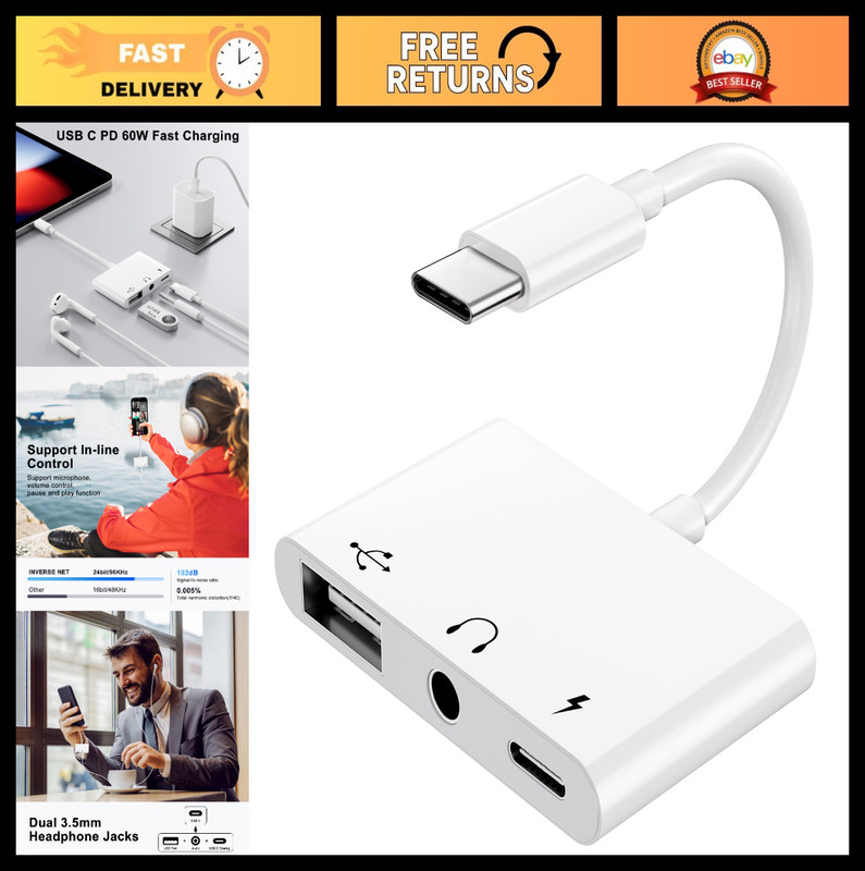 USB C to USB Adapter, 3.5mm Audio Jack, 60W PD Fast Charging, OTG Cable, Type C