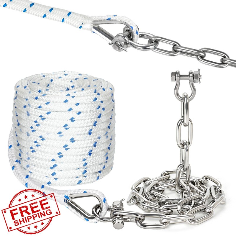 CORDUN Anchor Rope 1/2″ x 100′ Chain 1/4″ x 6′ Blue
