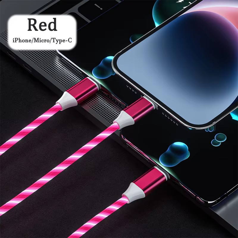 3 in 1 LED Glow Charging Cable 3A Micro USB Type C 1.2m Red