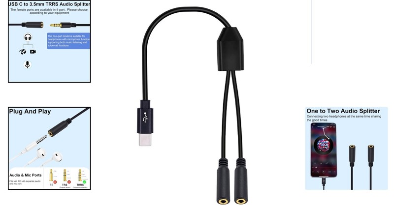USB C to 3.5mm Dual Headphone Adapter - High Fidelity Audio Splitter 30cm gallery