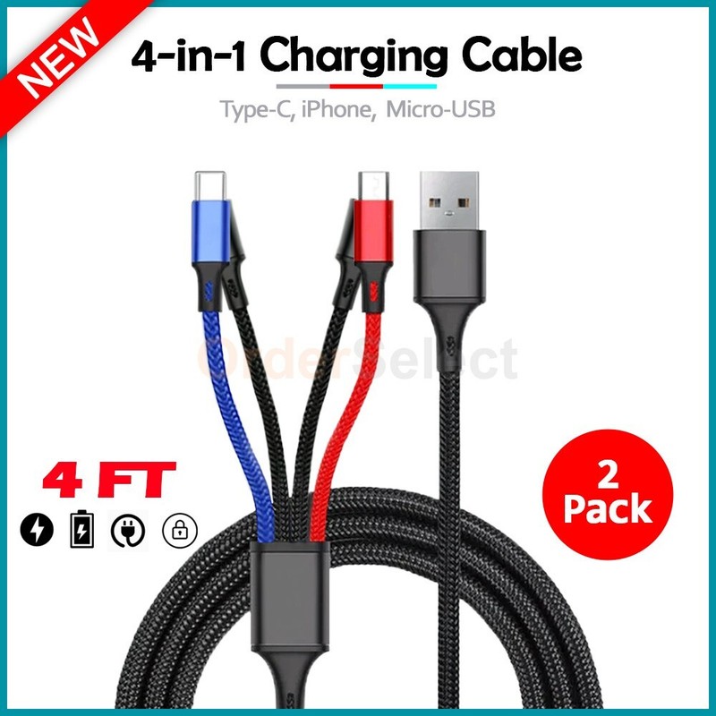 2X Fenzer Multi Charging Cable, 4FT 4 in 1, USB Charger Type C/Micro USB/IPhone