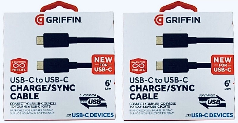 2 Pack- Griffin Superspeed USB-C to USB-C Charge/Sync Cable – Black (6 Ft )