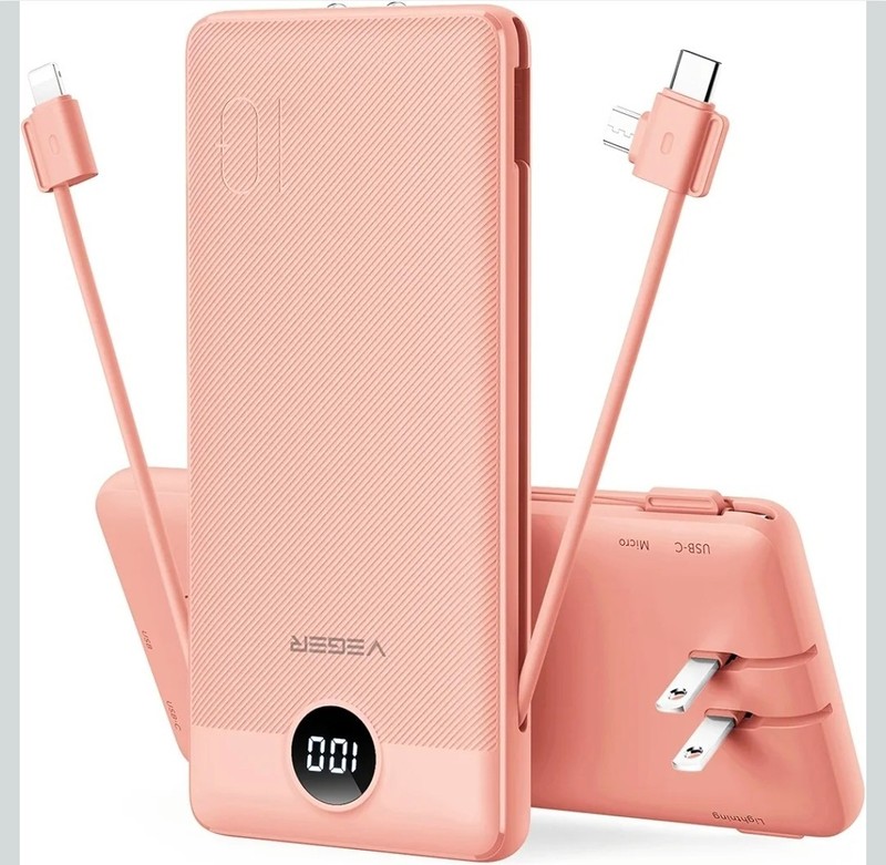 VEGER Portable Charger with Built-in AC Plug and Cables, All in One 10000mAh Ult