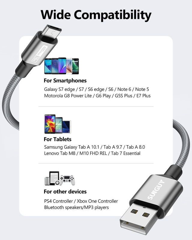 Short Micro USB Cable [3-Pack,1.5Ft], Nylon Braided USB to Micro USB 2.0 Fast Ch gallery