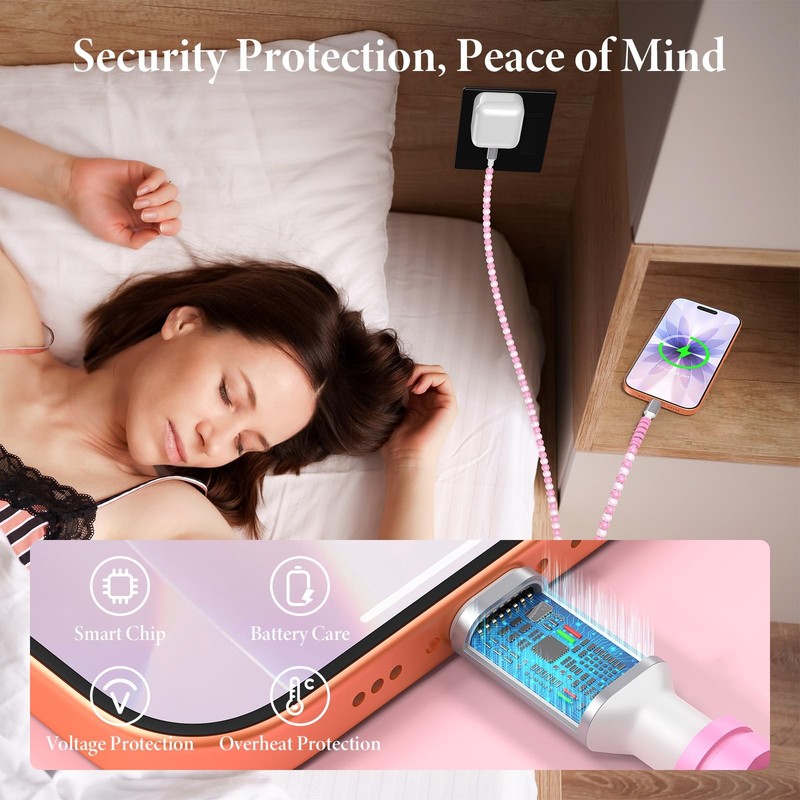 USB C to C Cable 6FT 60W PD Fast Charging Beaded Charger Cord Cute Pink gallery