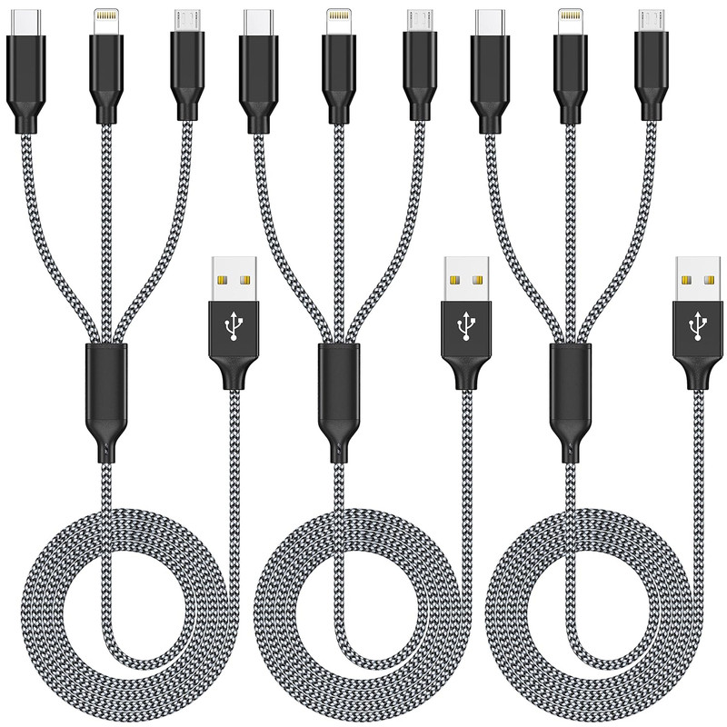 Multi Charging Cable 4Ft 3Pack 3 in 1 Charger Cord, Multiple Rapid Nylon Braided