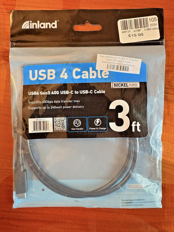 Inland USB 4 Cable 3 ft 100W USB-C Charging 40 Gbps Data Transfer Nickel Plated