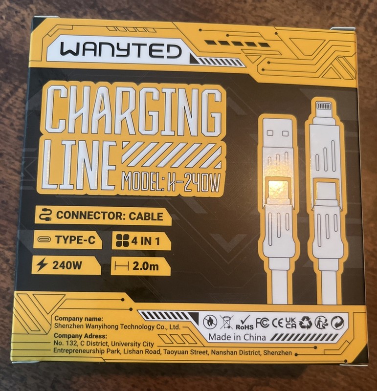 K-240W 4-in-1 Fast Charging Cable – 2M – Multi Connector (USB-C & 8 Pin NIB