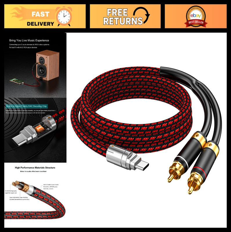 USB C to RCA Audio Cable 3.2FT – Type C to 2RCA Male Adapter for Home Theater, C