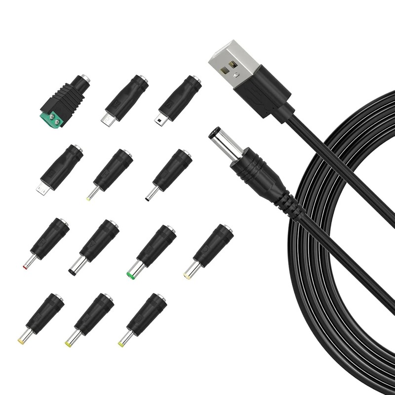 5V Universal DC Power Cable USB to DC Charging Cord 5.5×2.1mm with 13Pcs Adapter