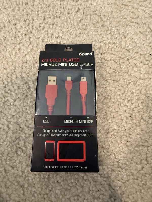 iSound Gold Plated 2-in-1 Micro & Mini USB Charging Sync Cable 4ft Red