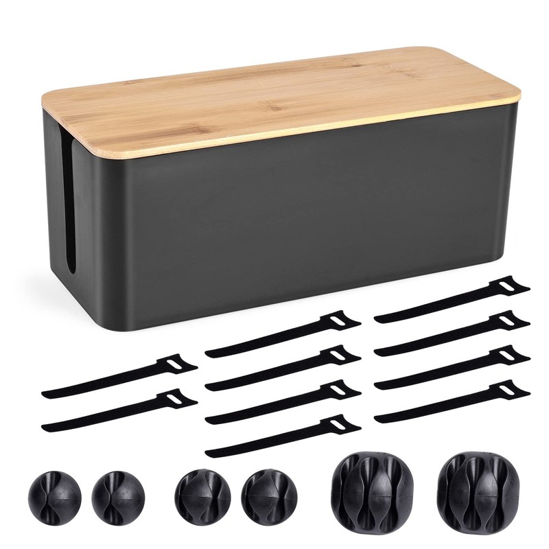 Cable Management Box – Wooden Style Cord Organizer to Hide Medium, Black