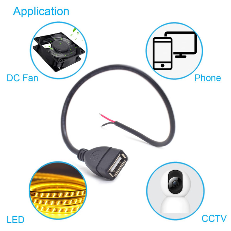 2PCS 0.3M/1FT USB 2.0 Female Pigtail 2 Wire 20AWG USB DC Pigtail DIY Power Cable gallery