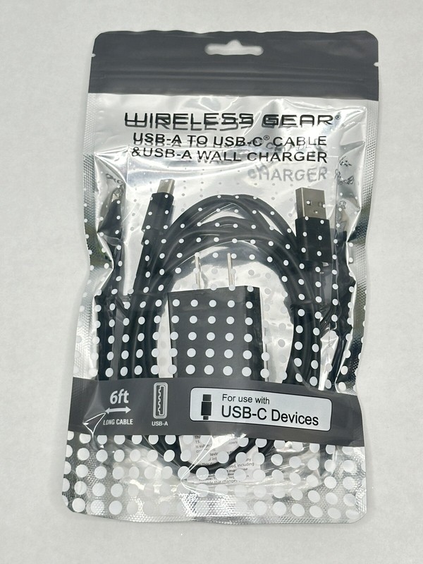 Wireless Gear USB-A to USB-C Cable & USB-A Wall Charger, Black 6Ft Cable
