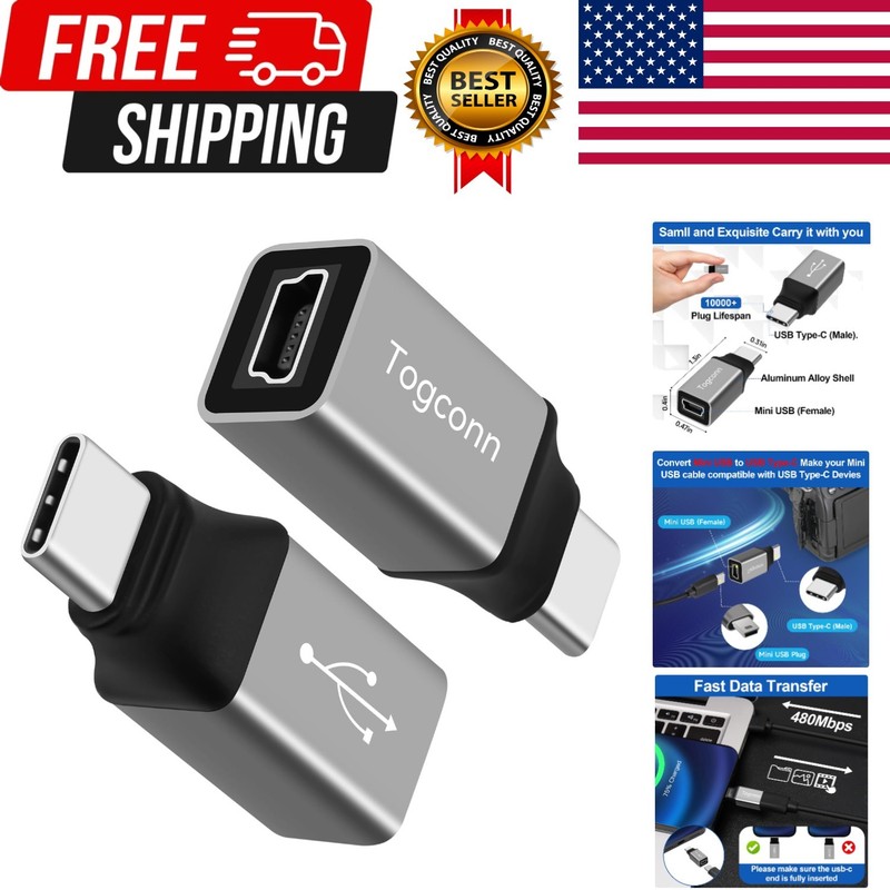 Mini USB to USB C Adapter 2 Pack, Mini USB (Female) to USB Type-C (Male) Convert