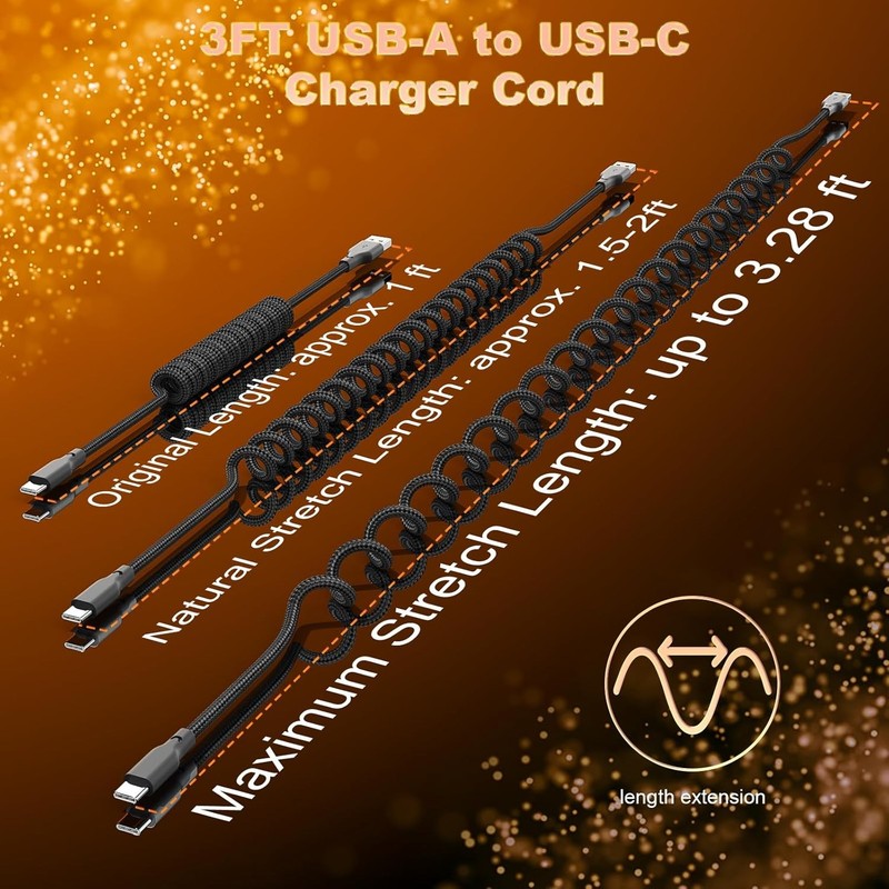 USB A to USB C Coiled CarPlay Cable 2 Pack 3ft Auto Coiled Retractable iPhone gallery