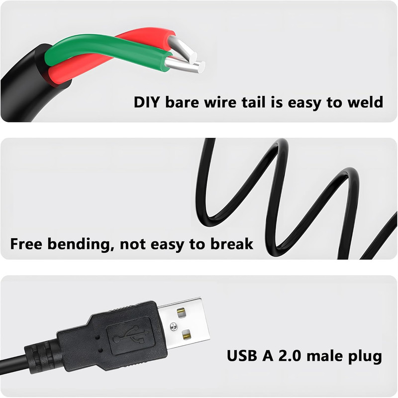 USB 2.0 to Bare Wire Cable, 0.3M USB-A Male to 2-Pin Open End Pigtail, 24AWG 5V gallery