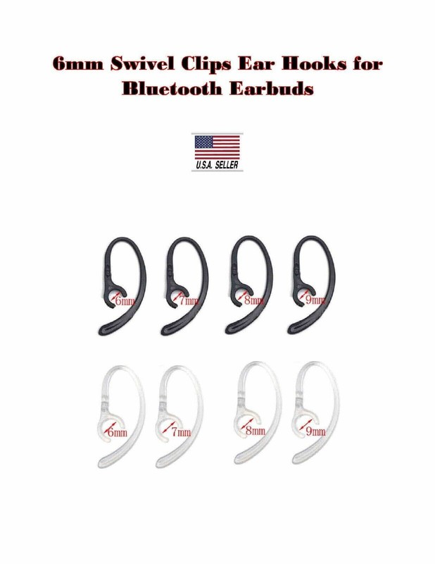 1pr (2) Bluetooth 6mm 360 Rotating Ear Hooks Black or Transparent USA SELLER