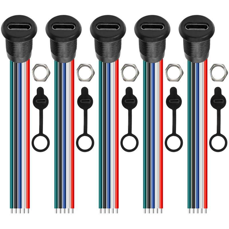 TypeC Female Chassis 5P 24AWG Wire Waterproof Pigtail Bare DIY 5 PCS