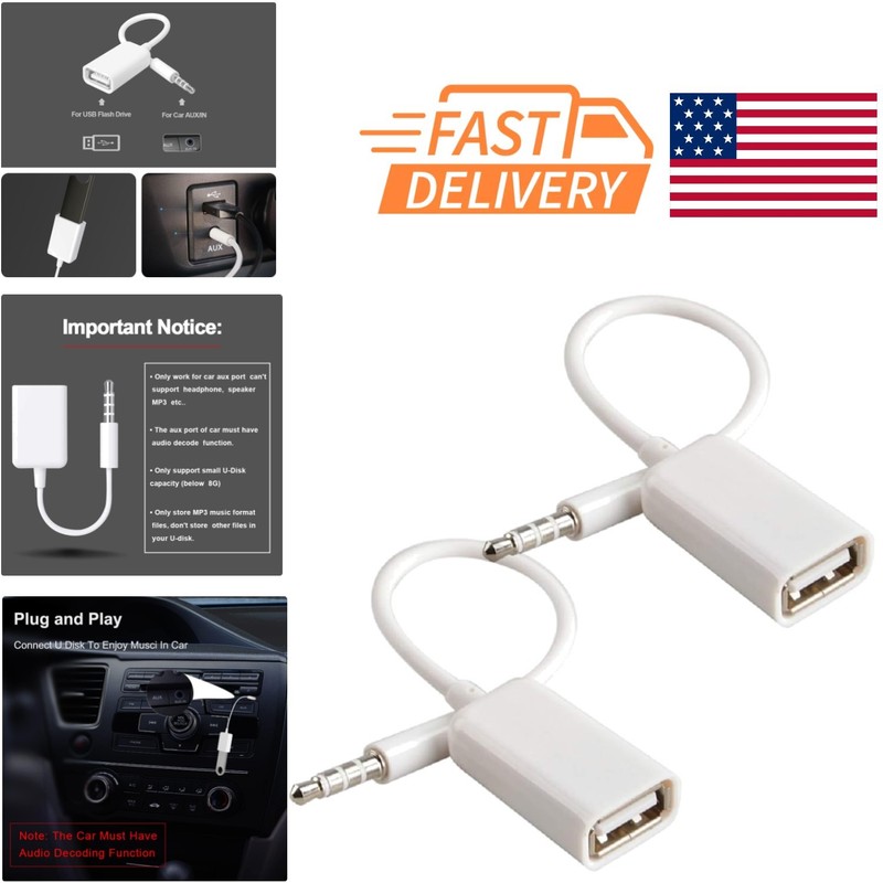AUX to USB Adapter for Car Audio 35mm Male Jack to USB 20 Female Converter