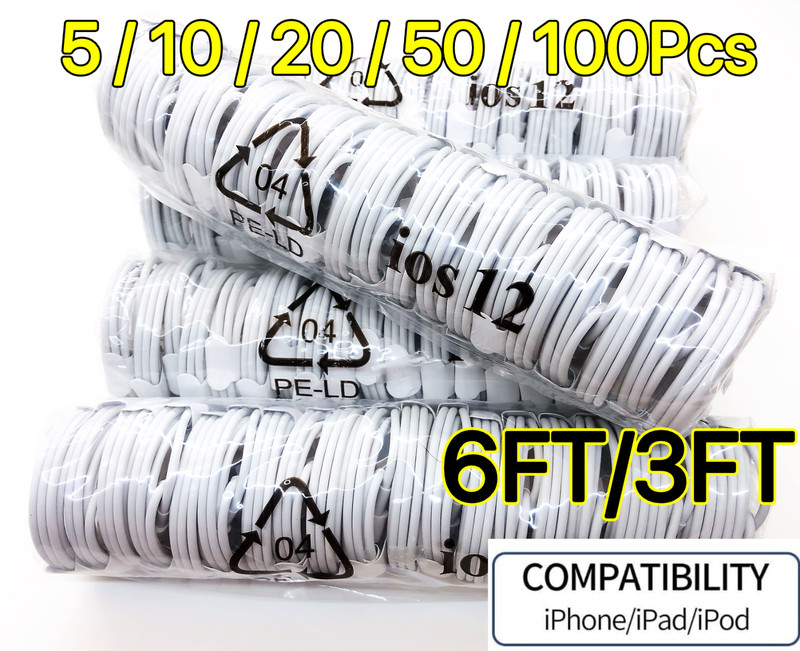 5-100 Pack 3FT 6FT USB Charger Cable Lot For iPhone 12 11 XR 8 7 6 Charging Cord