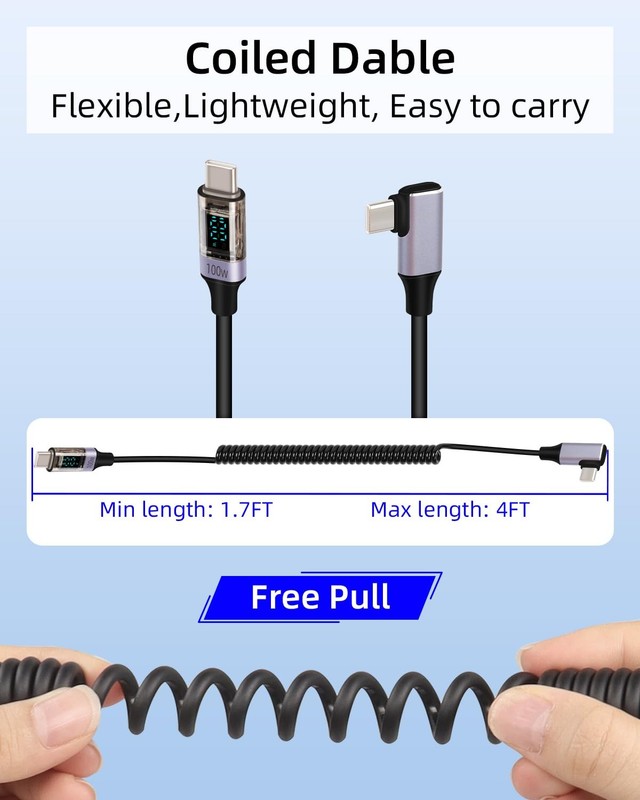 Coiled USB C To USB C Cable LED Display 90 Degree PD 100W Fast Charging Cord gallery
