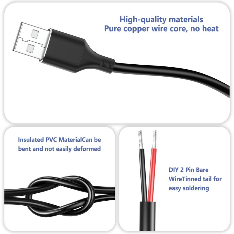 Vovucai 5 Pcs USB A Male to Bare Wire Cable - 12V/3A 30cm Open End Pigtail Po... gallery