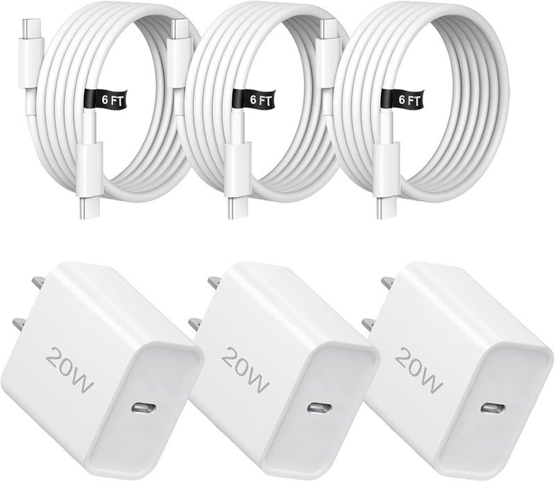 20W USB C Fast Charger 3 Pack with Type C Cable for iPhone iPad White