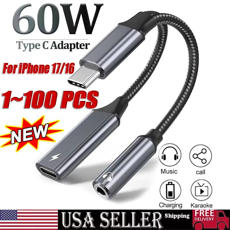 2 in 1 Type-C USB C to 3.5mm AUX Audio Headphone Jack Adapter Charger Cable LOT