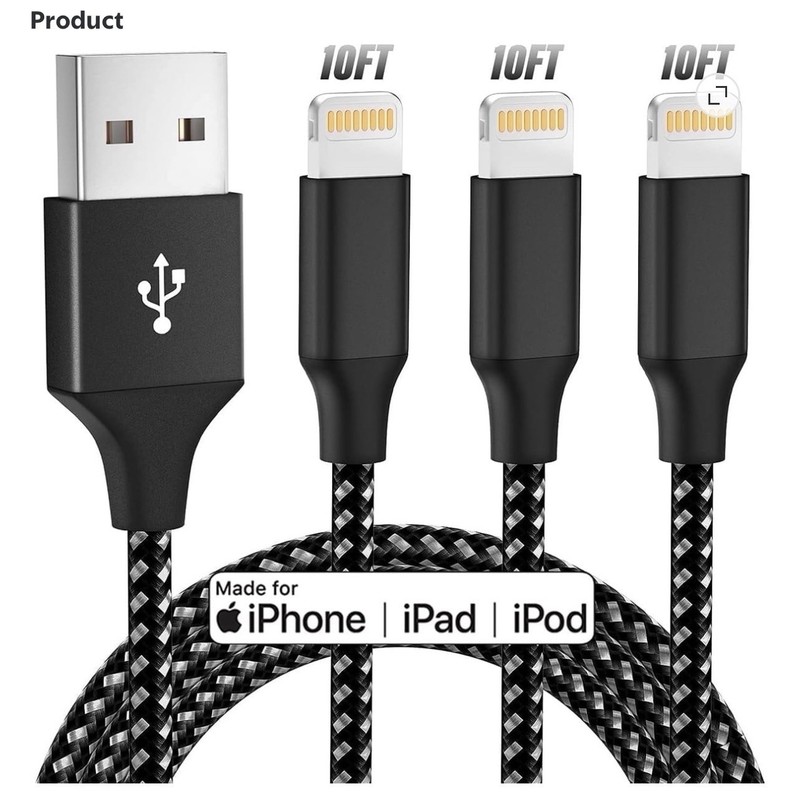 NEW 10-Foot iPhone 14 13 12 11 XS 3-Pack USB-A To Lightning Charger – FAST SHIP!
