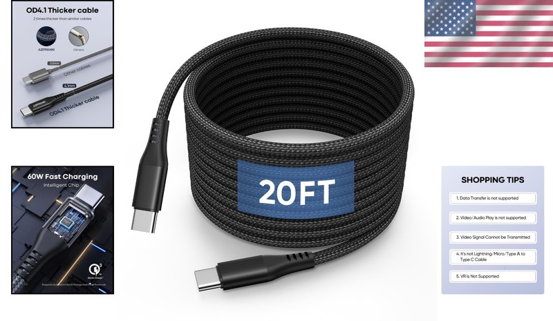 Flexible 20ft USB C Cable for Galaxy/LG/Switch gallery