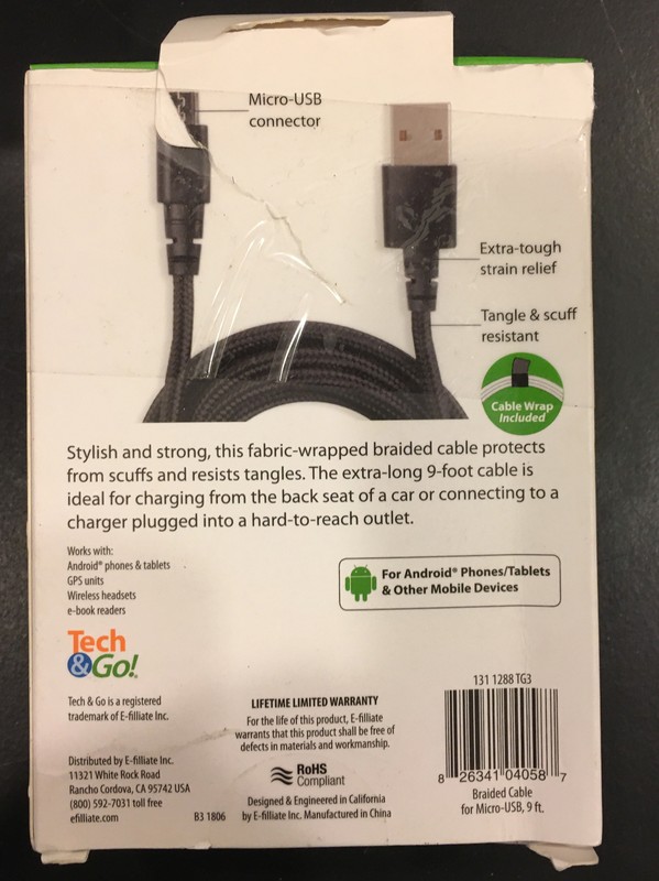 Tech & Go 9 Ft. Braided BLACK Micro-USB Cable with Cable Wrap EXTRA LONG gallery