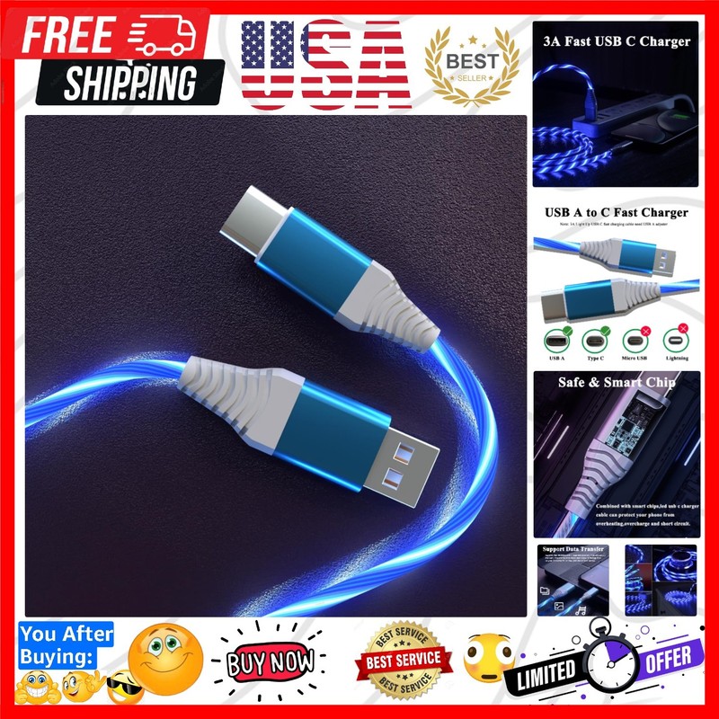 Light Up USB Type C Charger Cable 3A LED Light Up USB C Fast Charge Cord Ligh…