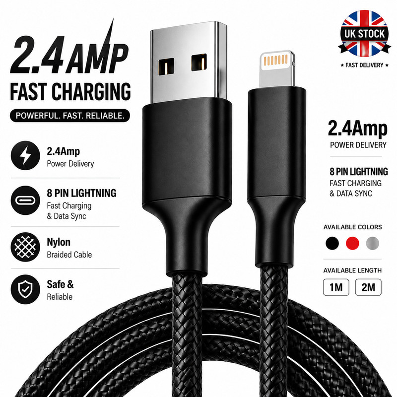 For iPhone Charger Cable Heavy Duty Braided USB Charging Lead Data Sync 1M 2M 3M