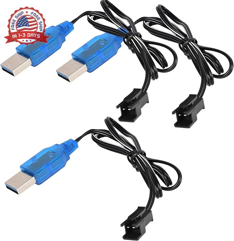3pcs 3.7V USB Charger Cable with SM-2P Connector for RC Cars, Trucks, Boats, and