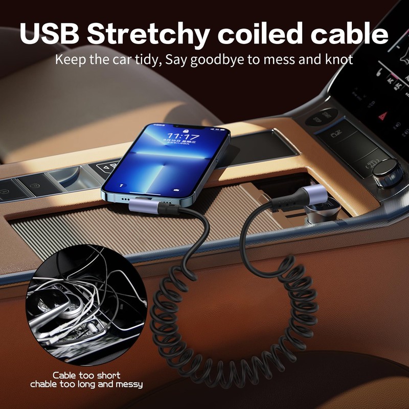 90 Degree Coiled USB C To USB C Cable 65W 1M 3.2FT Retractable Type C Cord gallery