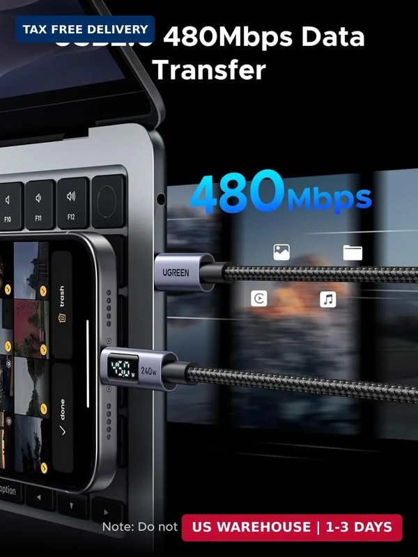 UGREEN USB-C to USB-C 240W Fast Charging Cable with Digital Display for Real-Tim gallery